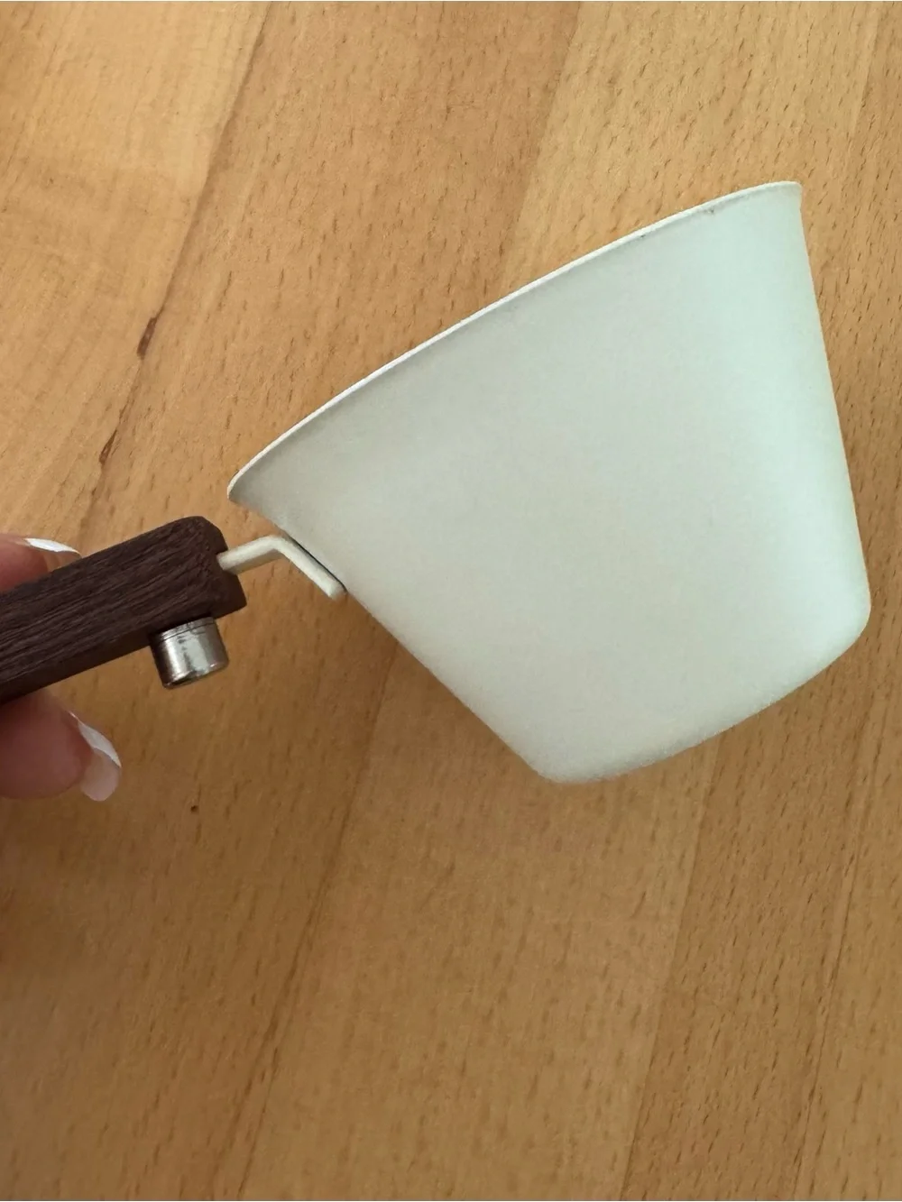 White espresso shot cup with Wooden Handle